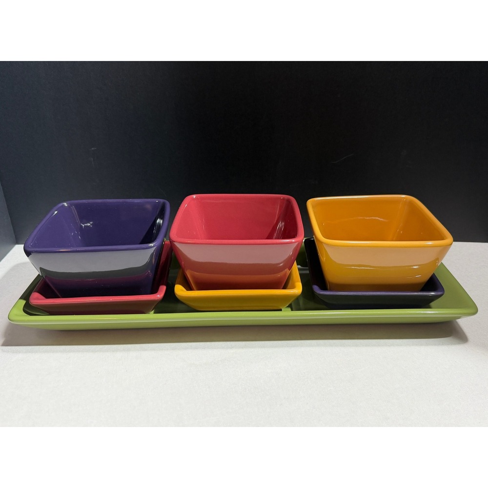 Pampered Chef Simple Additions Multicolor Ceramic 7 Piece Serving Set Bowls Tray